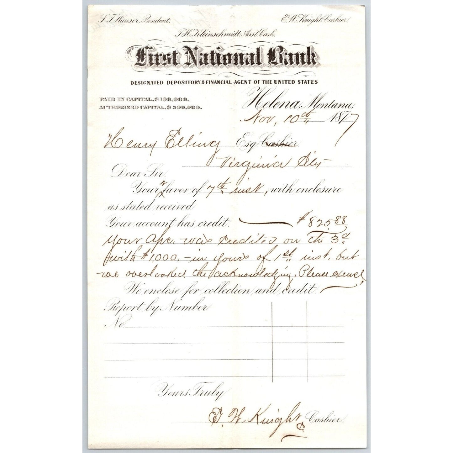 First National Bank Helena, MT 11/10 1877 Payment Advice Henry Elling*