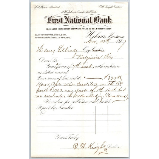 First National Bank Helena, MT 11/10 1877 Payment Advice Henry Elling*