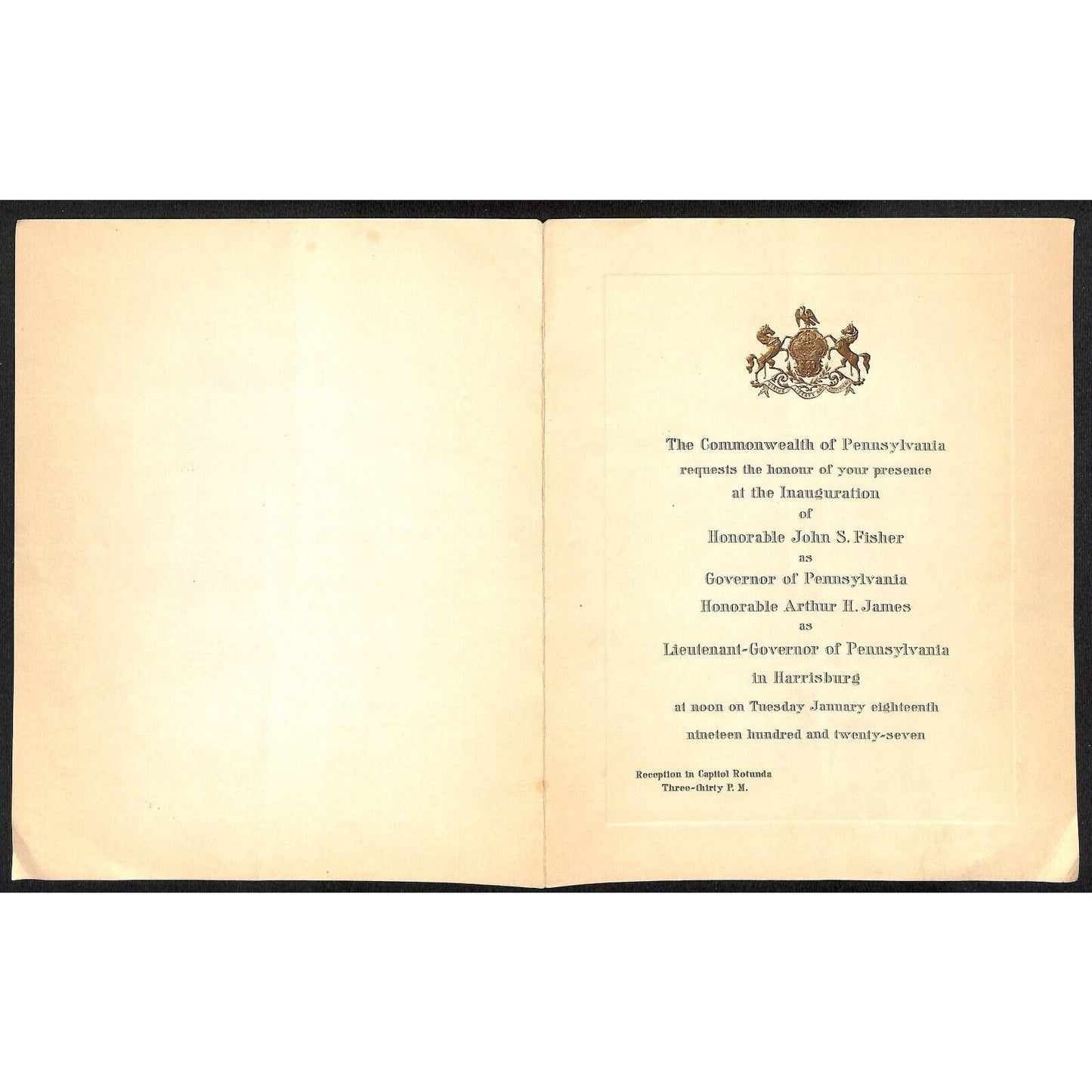 John S. Fisher 1927 Governor of Pennsylvania Inauguration Invitation - Scarce