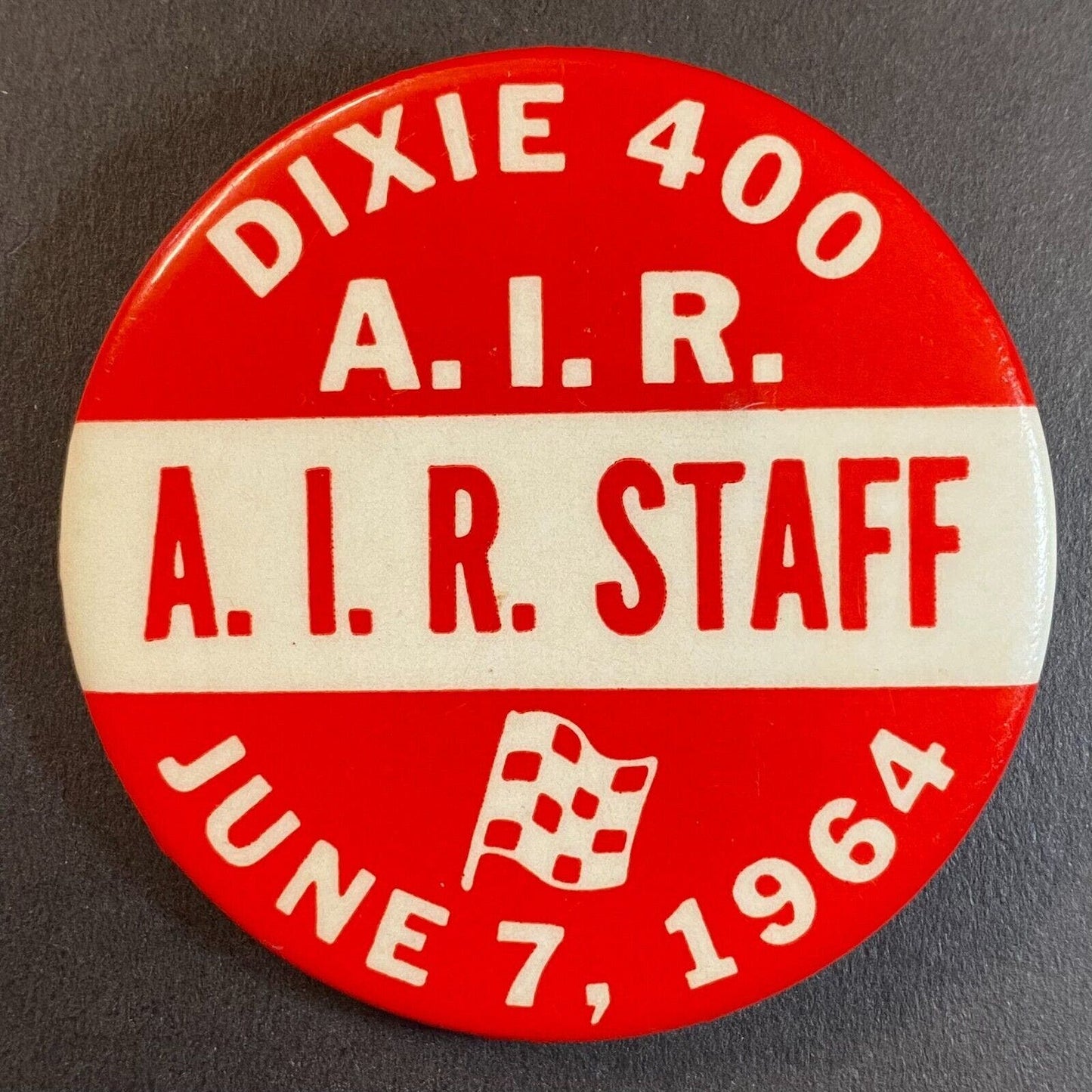 Atlanta A.I.R. Raceway 1964 Dixie 400 2" Steel "A.I.R. Staff" Pinback Button VGC