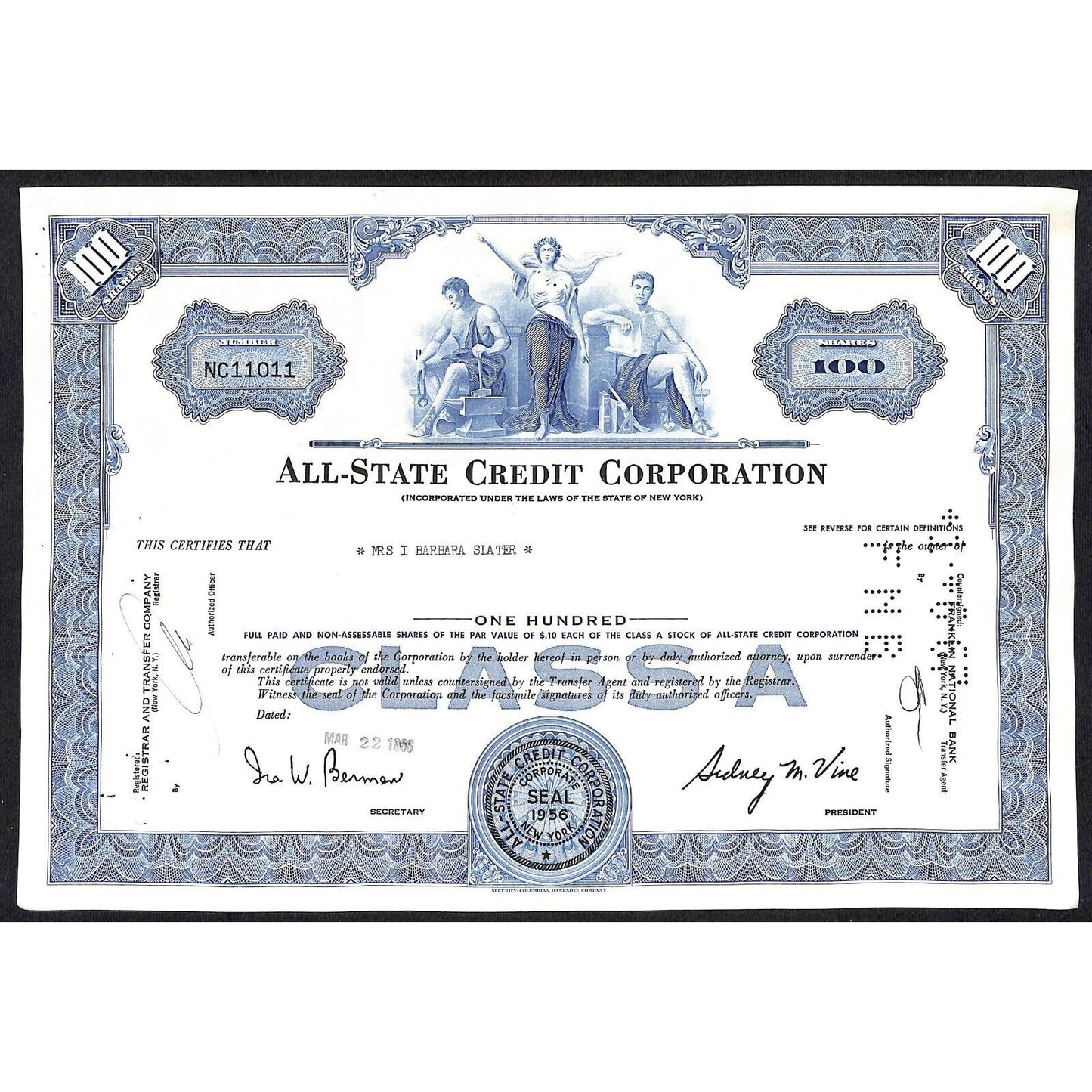 All State Credit Corporation NY 1966 Stock Certificate - Barbara Slater