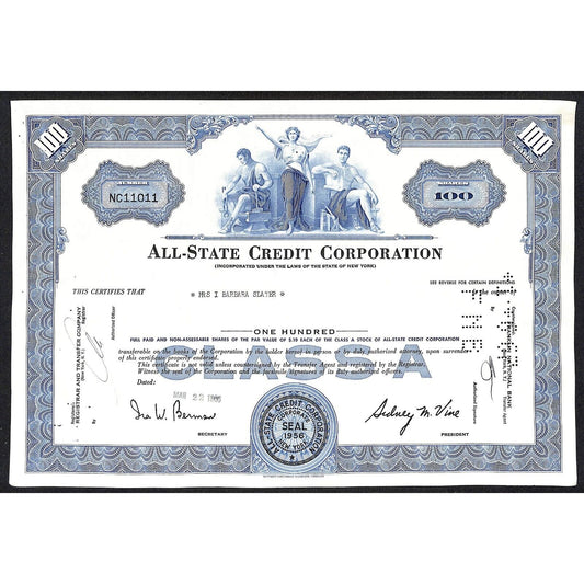 All State Credit Corporation NY 1966 Stock Certificate - Barbara Slater