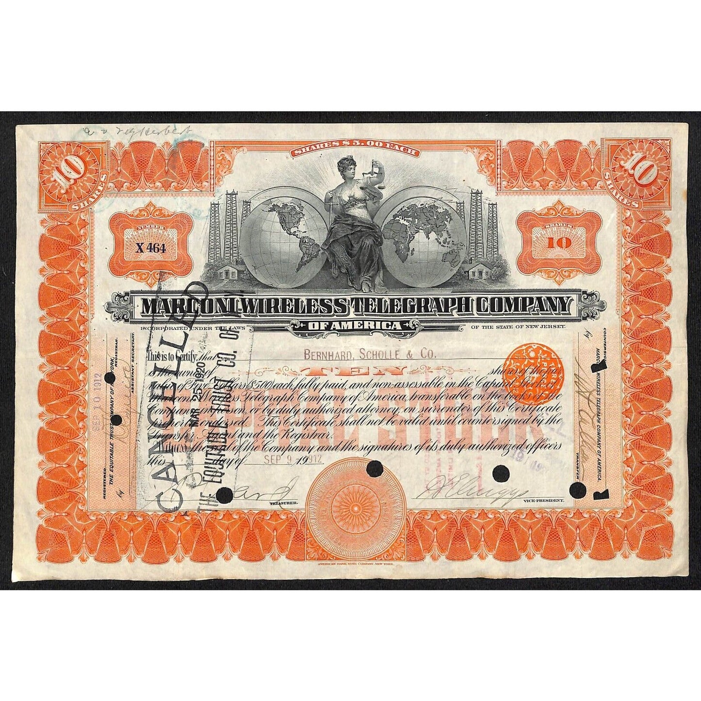 Marconi Wireless Telegraph Co. 1912 Stock Certificate #X464 "Bernhard, Scholle"