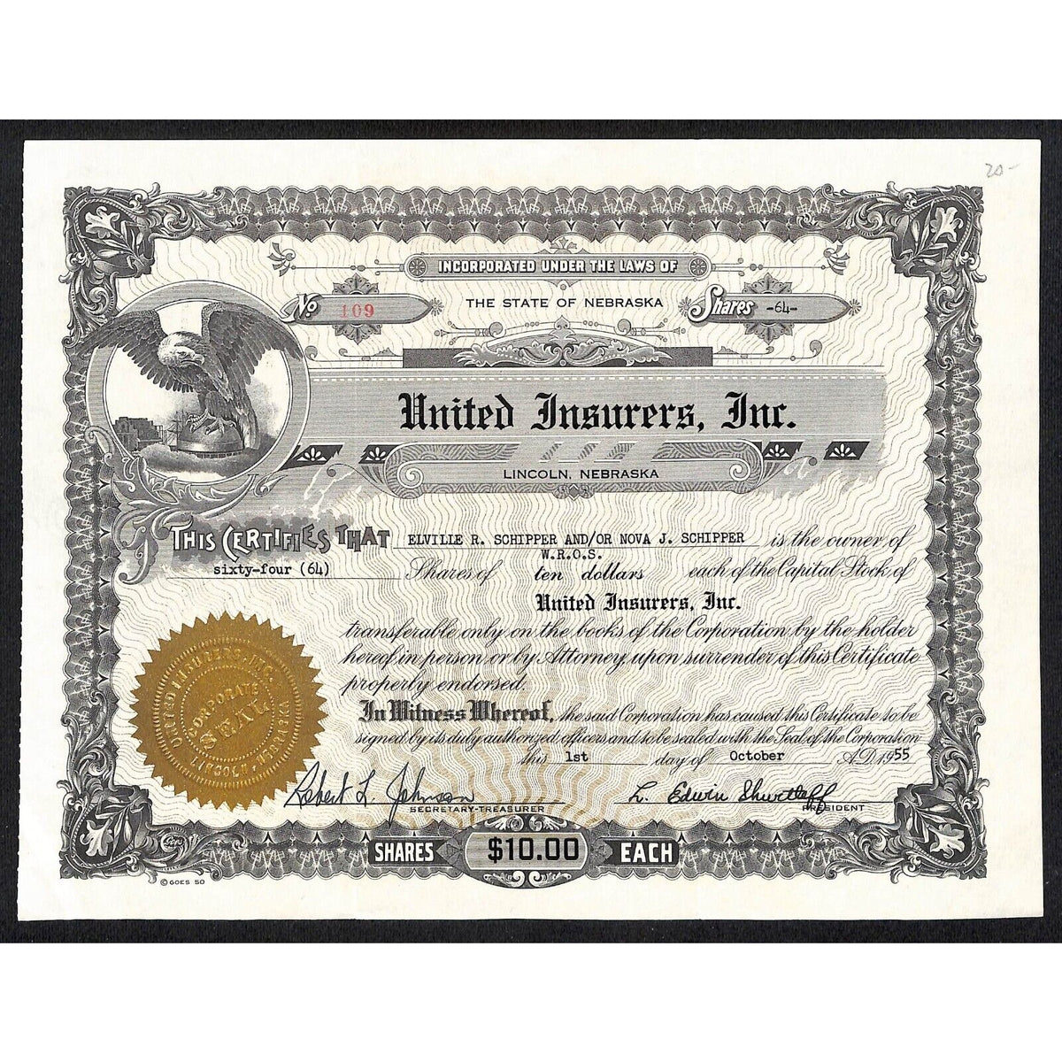 United Insurers Inc. 1955 Nebraska Stock Certificate Elville R Schipper VGC