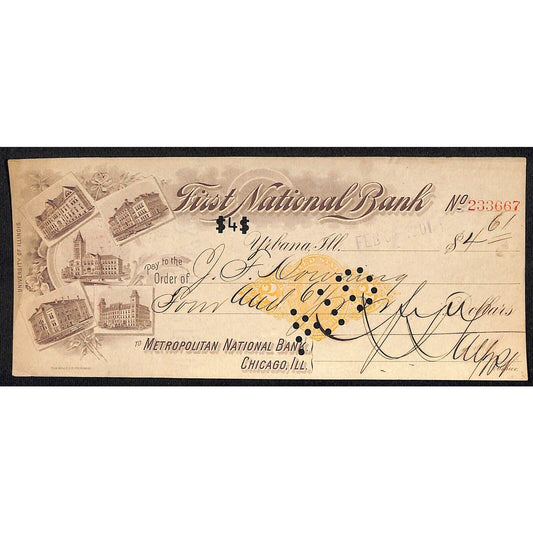 FNB Urbana, IL $4 1901 Bank Check Revenue Stamp w/ University Bldg. Vignettes