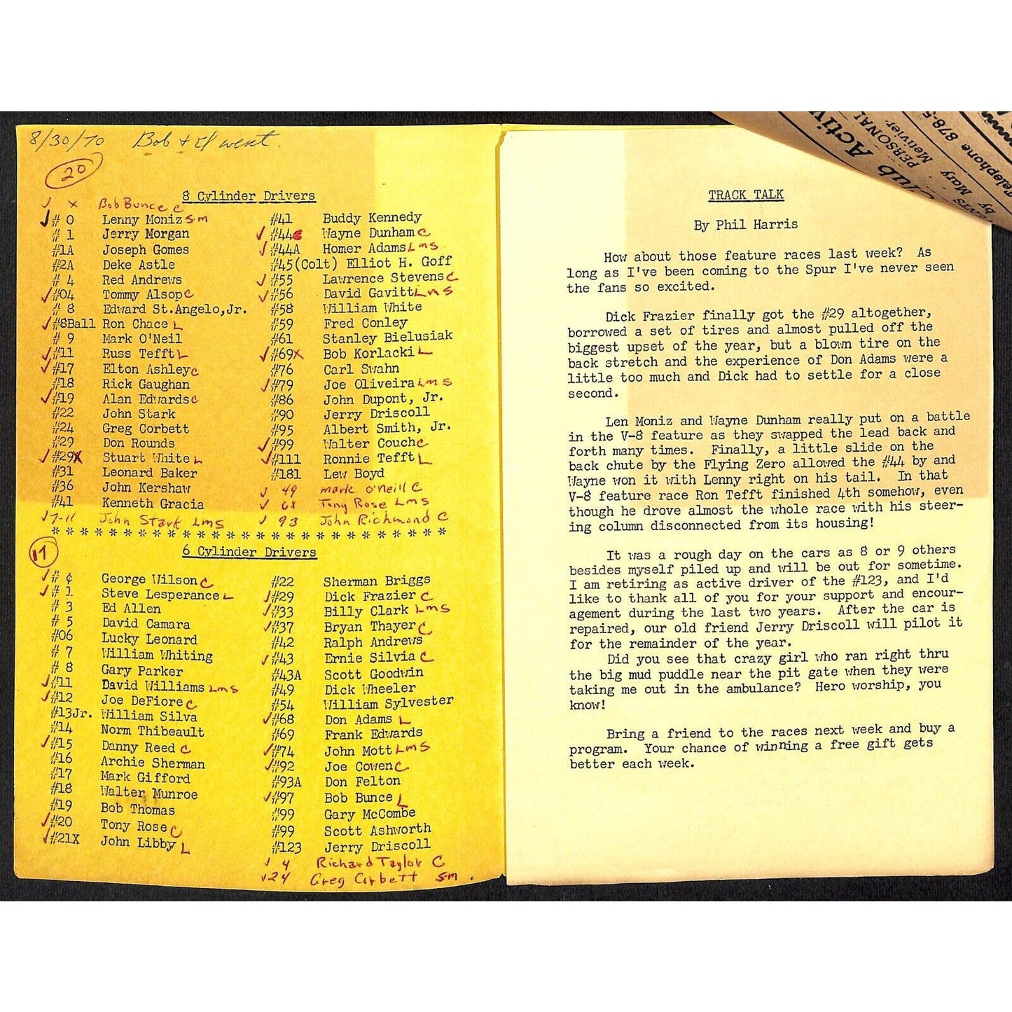 Golden Spur Speedway Lakeville, MA 8/30 1970 Auto Races Single Sheet Program
