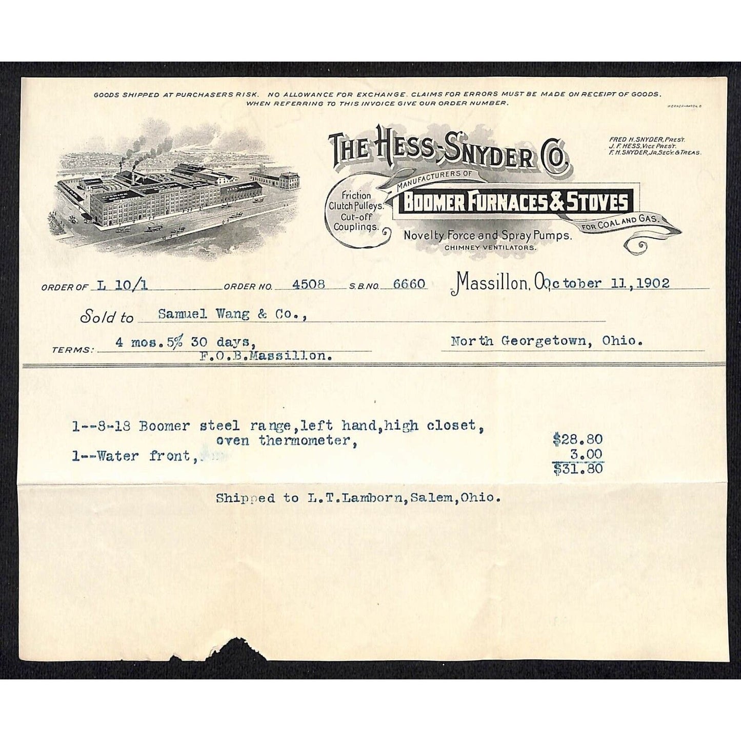 Hess-Snyder Co Boomer Furnaces Massillon Billhead 1902 Samuel Wang* N Georgetown