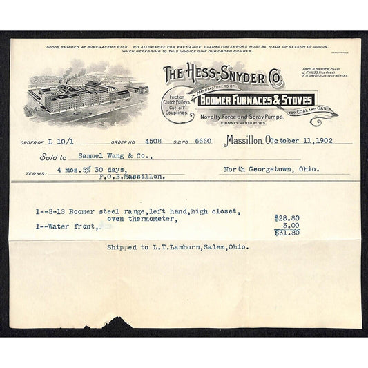 Hess-Snyder Co Boomer Furnaces Massillon Billhead 1902 Samuel Wang* N Georgetown
