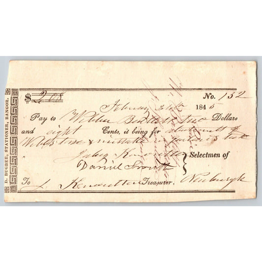 1845 Jabez Knowlton* Newburgh ME Town Check to _____ Bartlett