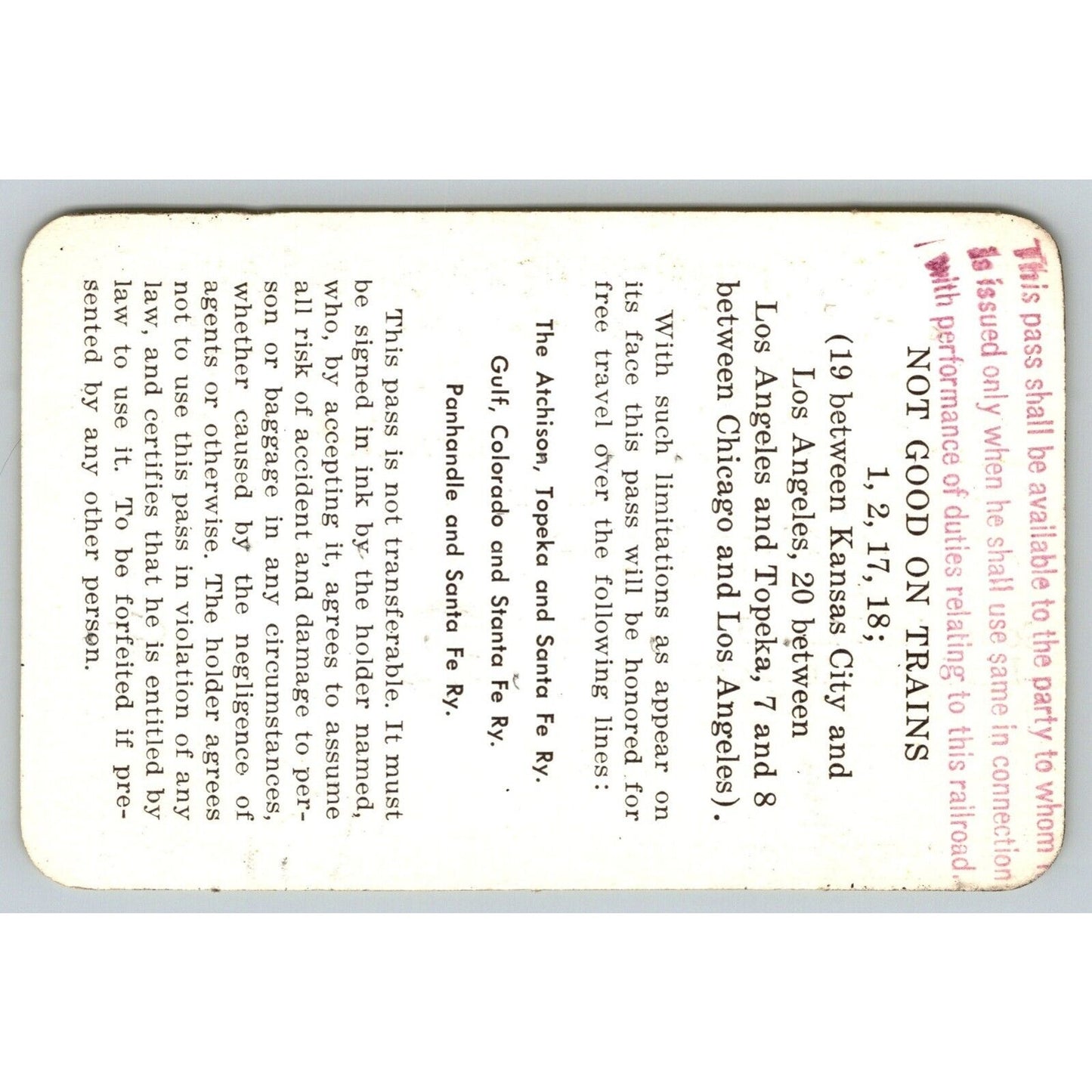 Atchison, Topeka and Santa Fe Railway System 1965-68 Yearly Train Pass #84035