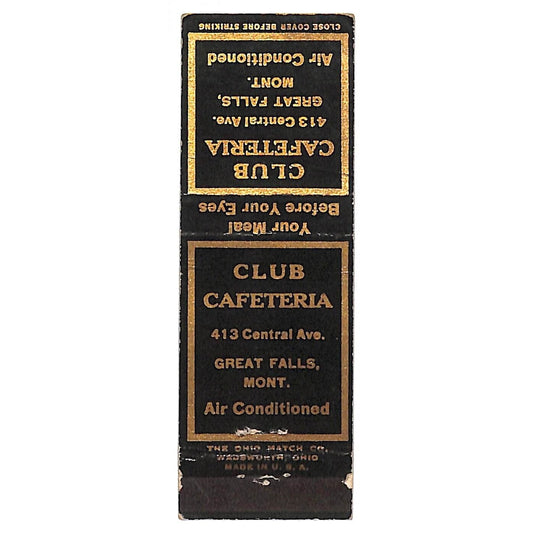 Great Falls Montana Matchbook Cover Club Cafeteria c1940's-50's w/ Gilt Text