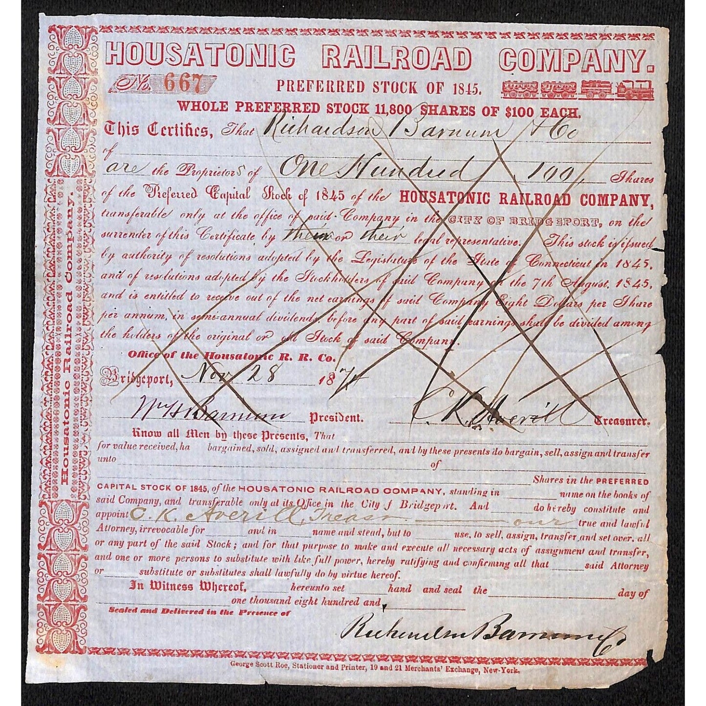 Housatonic Railroad Co. Stock Cert. 1874 Richardson Barnum & Co Bridgeport CT*