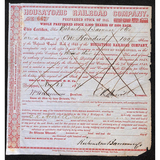Housatonic Railroad Co. Stock Cert. 1874 Richardson Barnum & Co Bridgeport CT*