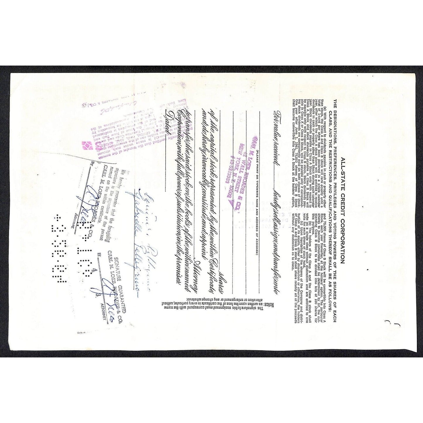 All State Credit Corporation NY 1962 Stock Certificate Dominick Pellegrino