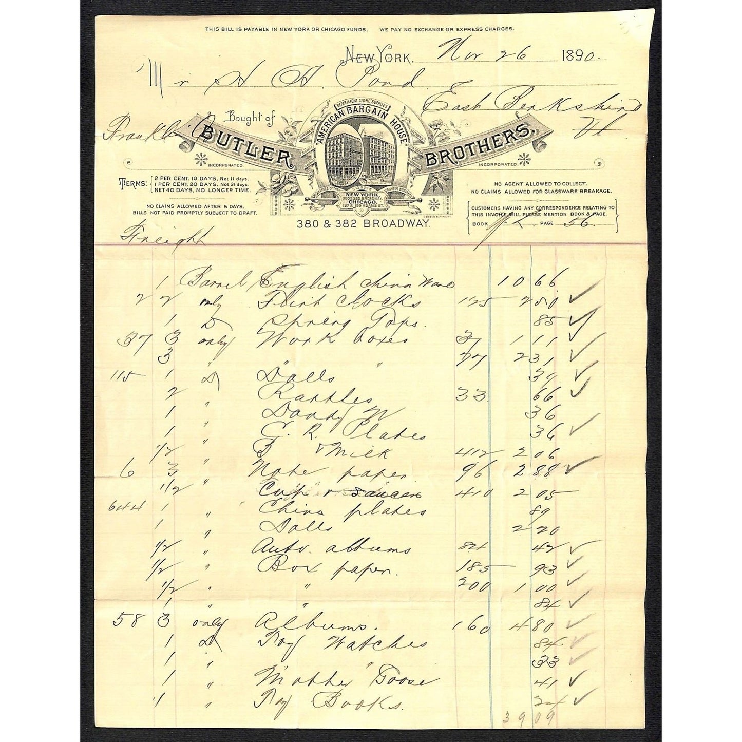 Butler Brothers Broadway NYC "American Bargain House" Dept. Store 1890 Billhead