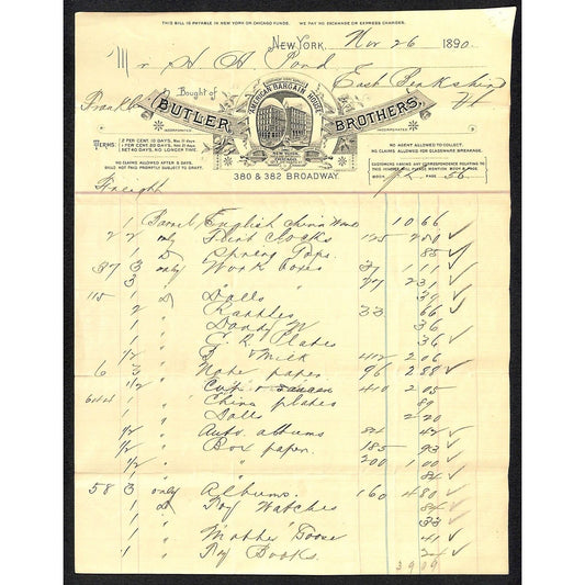 Butler Brothers Broadway NYC "American Bargain House" Dept. Store 1890 Billhead