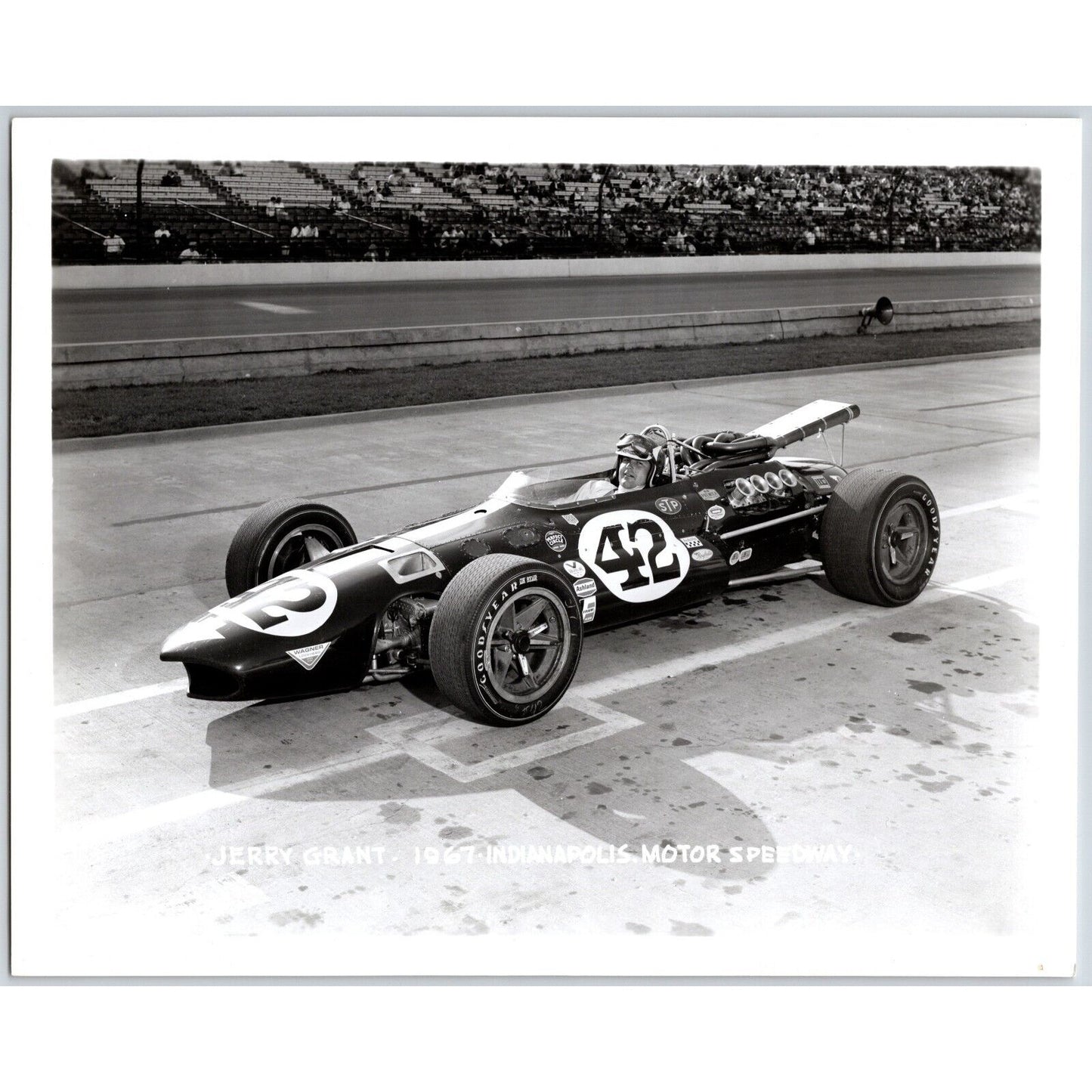Jerry Grant #42 1967 Indianapolis Motor Speedway 8" x 10" Photo IMS Stamp VGC