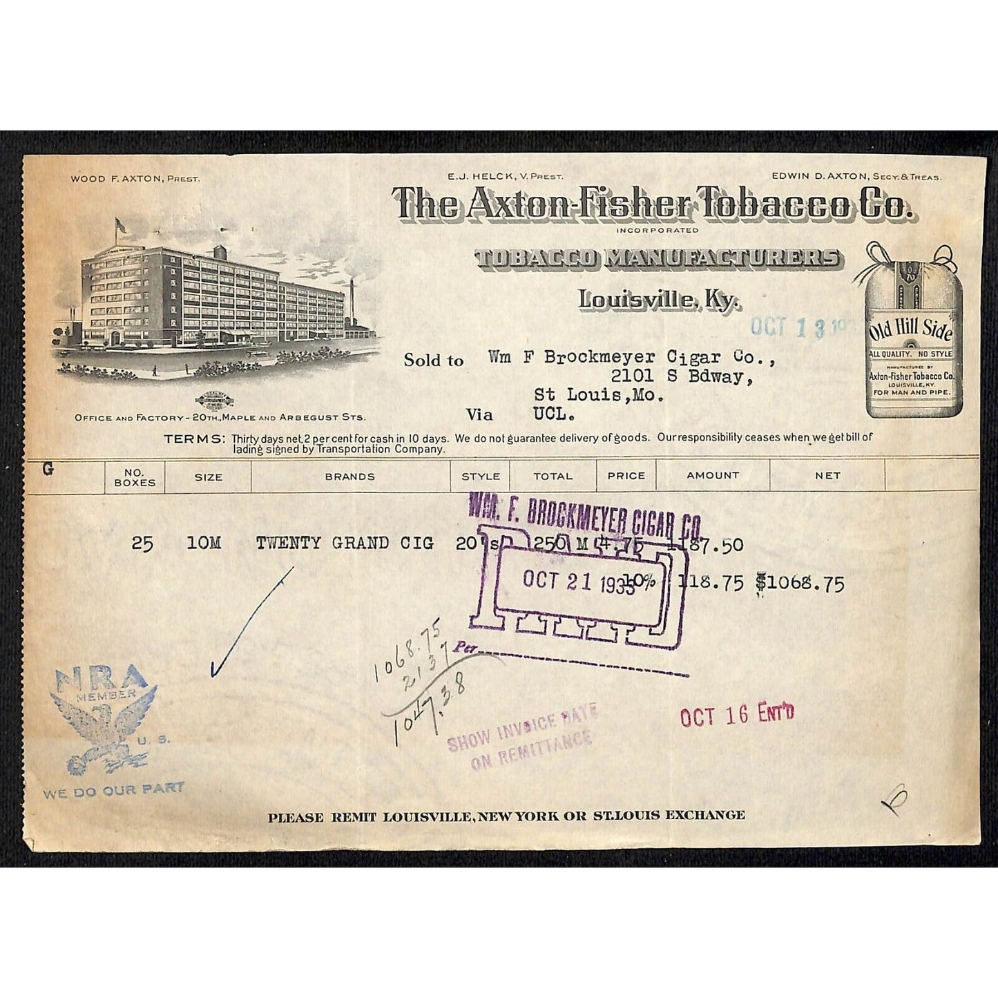 Louisville, KY The Axton-Fisher Tobacco Co. "Old Hill Side" 10/13 1935 Billhead