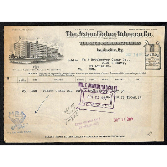 Louisville, KY The Axton-Fisher Tobacco Co. "Old Hill Side" 10/13 1935 Billhead