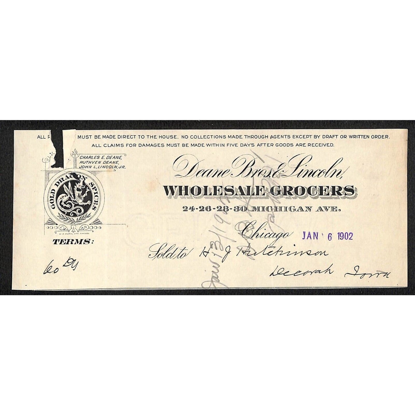 Deane Bros. & Lincoln Grocers Chicago Hutchinson Decorah IA* Cut 1902 Billhead