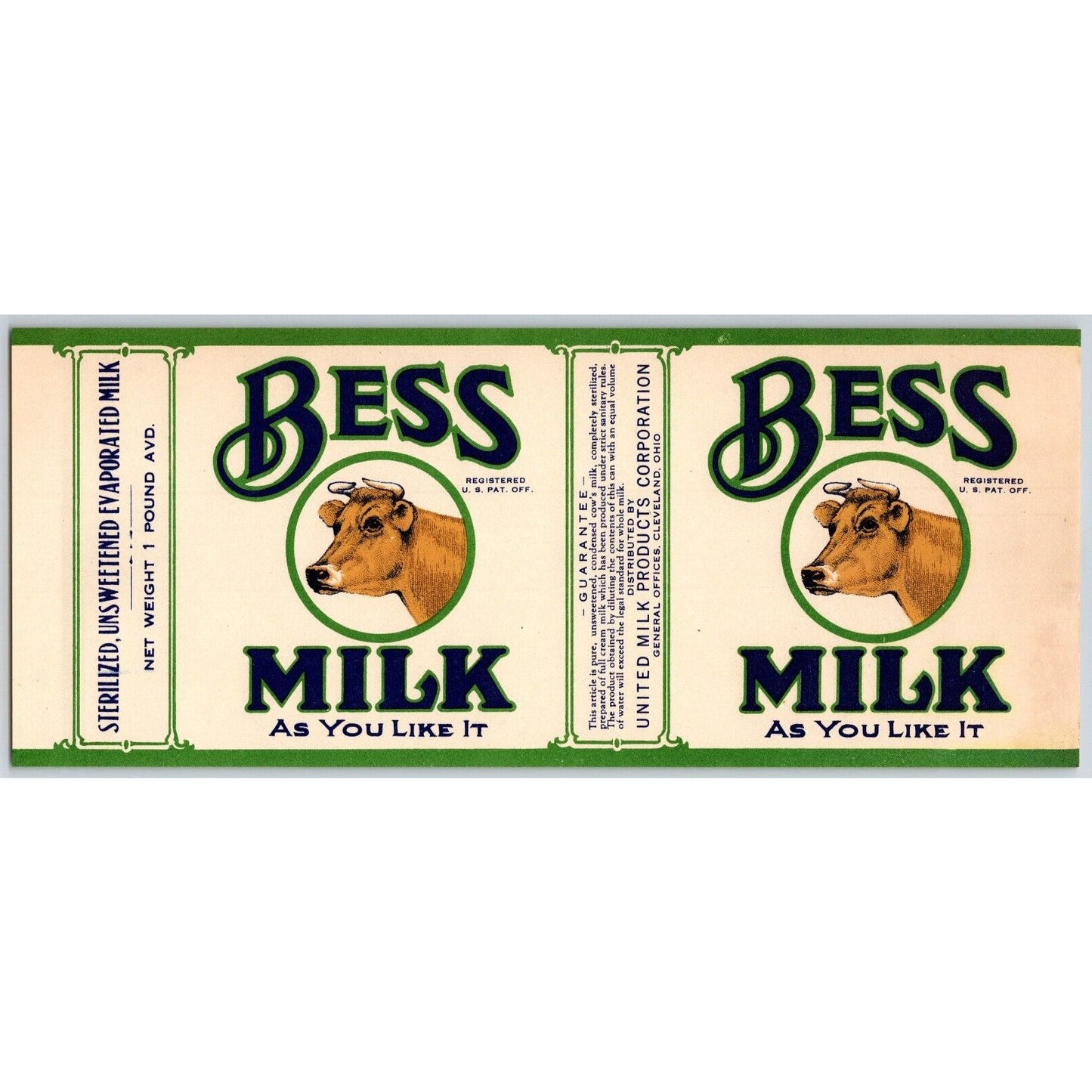 Bess Milk United Milk Producers Corp. Cleveland Paper Can Label c1920's - w/ Cow