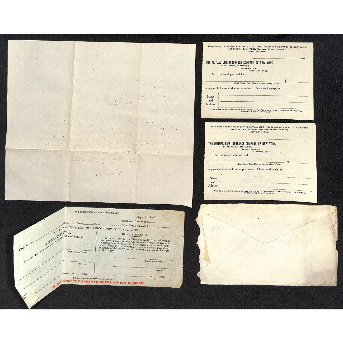 Group of 5 Samuel Wang Co* N. Georgetown 1917 Mutual Life Ins of NY w/ Billhead