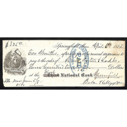 1873 FNB of Greenfield Springfield, MA Promissory Note - King, Martin & Ladd?