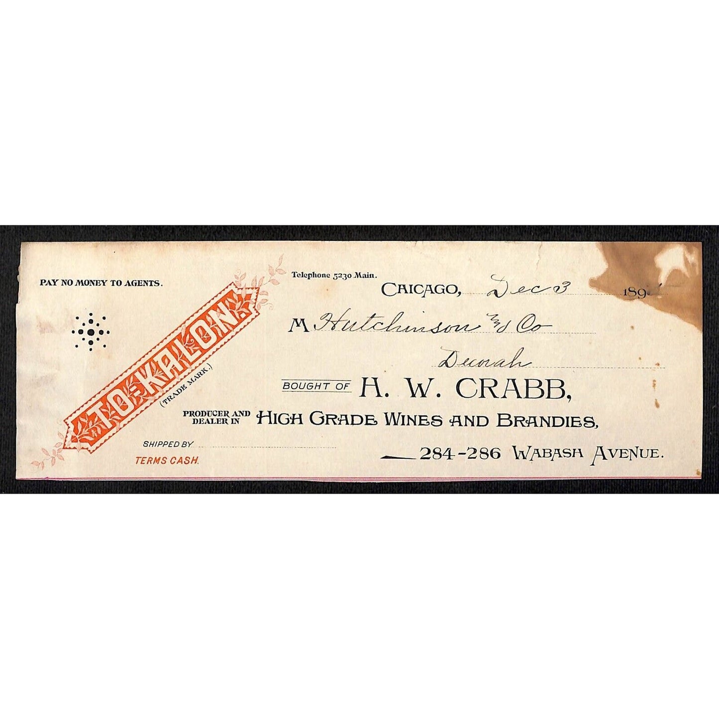 H.W. Crabb Chicago Wines Brandies Hutchinson Decorah IA* Cut 1895 Billhead