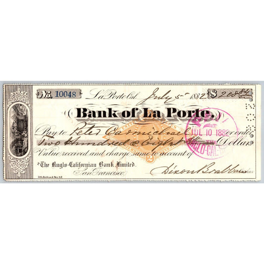 Bank of La Porte Check Peter Carmichael 1882 Mining Vig. RN-G1 Rev Stamp #10048