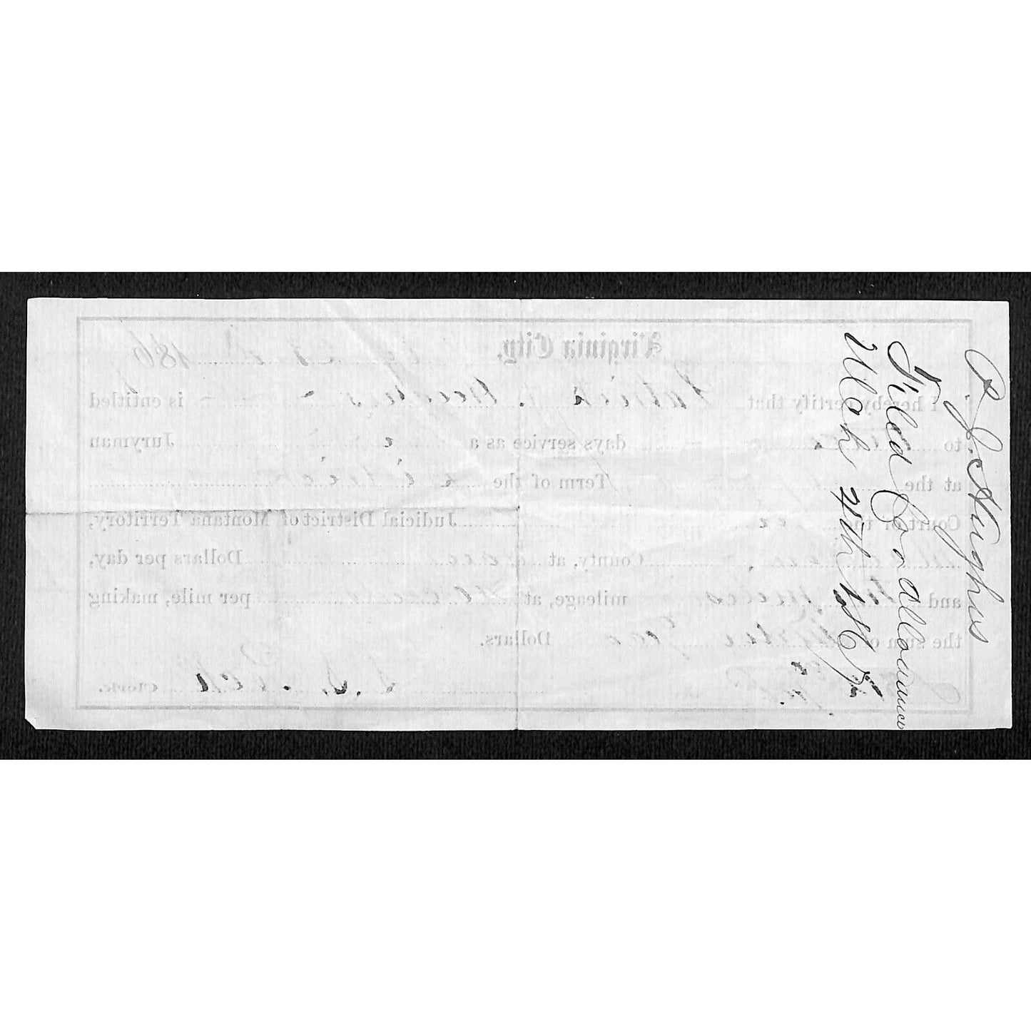 1867 Virginia City, MT Jury Duty Days Service & Mileage Warrant - Scarce