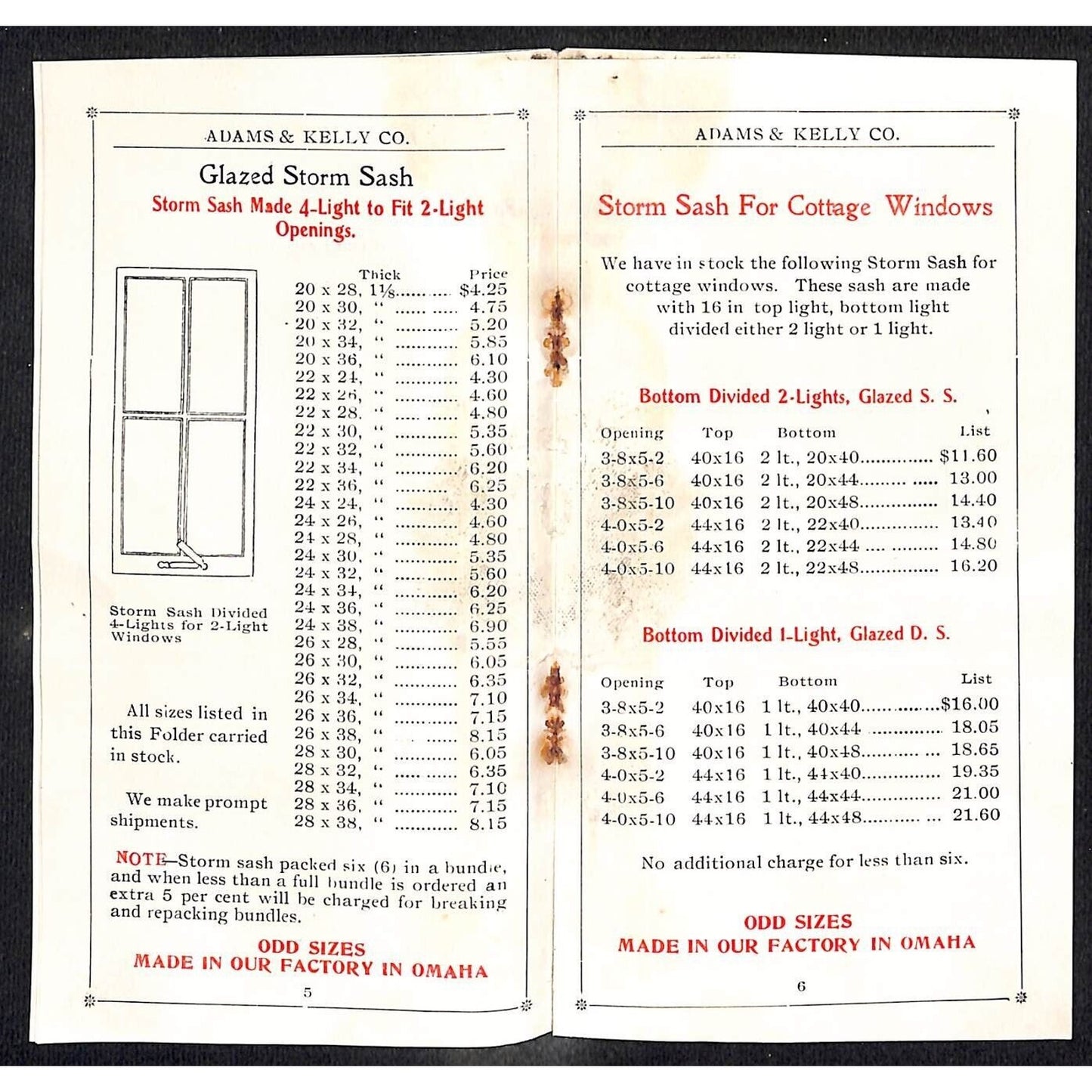 Adams & Kelly Co. Omaha, NE 1907 Small Window Sash Catalog 6pp Prices Scarce