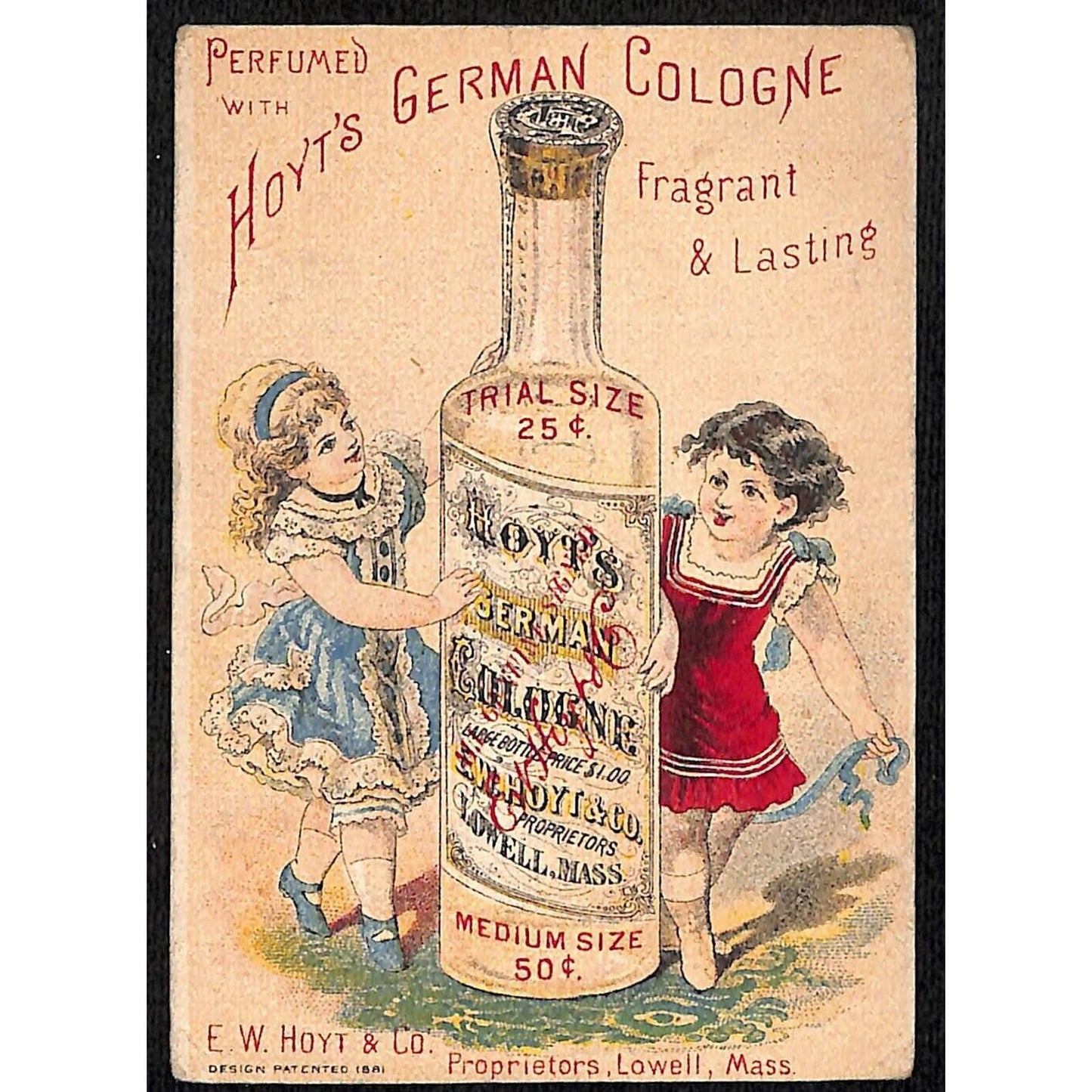 Hoyt's German Cologne Victorian Trade Card Girls Dance Around Hoyt's Bottle