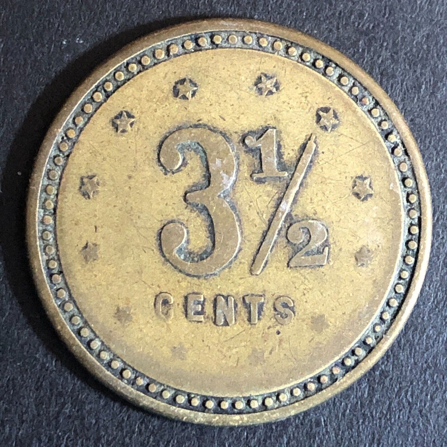 Benicia Barrack Exchange* Military G/F 3 1/2¢ Trade Token Scarce 27mm c1890's