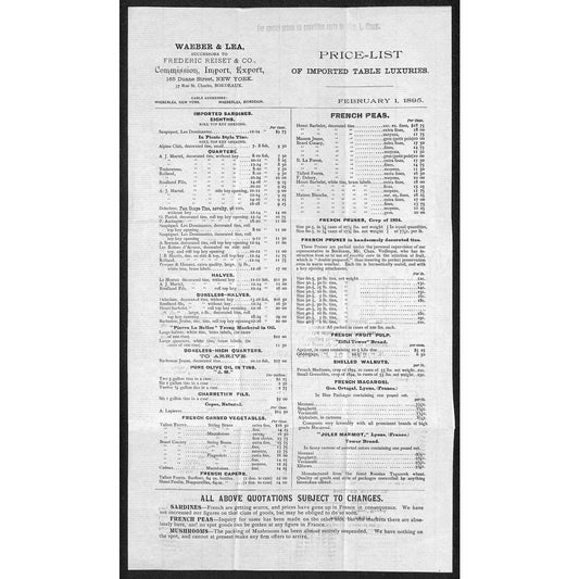 Waeber & Lea. NYC 1895 Groceries "Price List of Table Luxuries" Sheet VGC