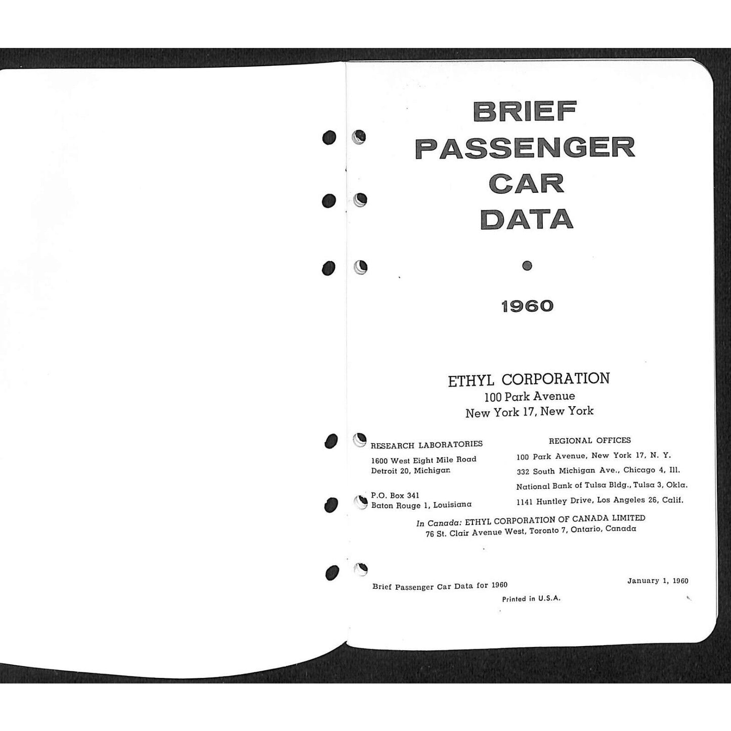 Ethyl Corporation "Brief Passenger Car Data" 1960 Booklet 35pp VGC