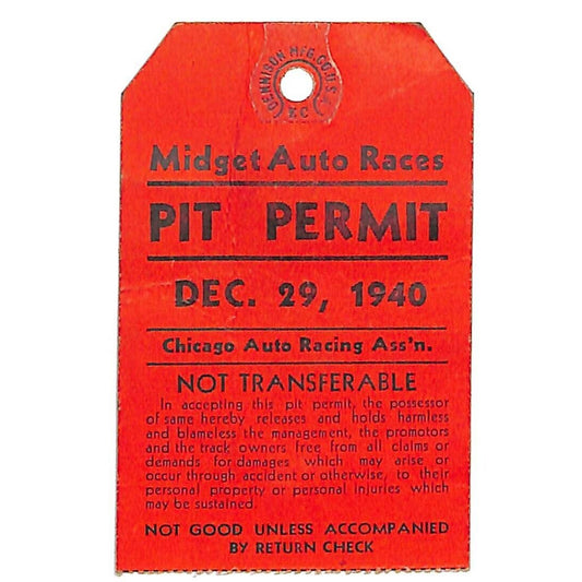 1940 Chicago Auto Racing Ass'n. Midget Auto Races Pit Permit Pass Very Scarce