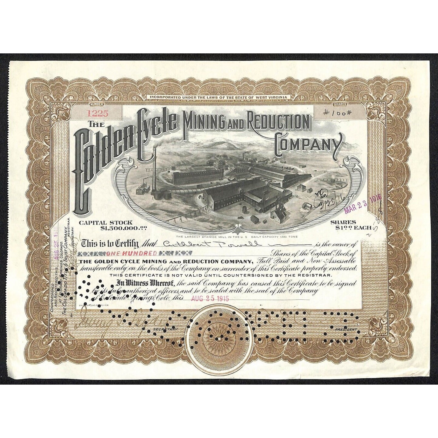 Golden Cycle Mining 1915 Stock Certificate w/ A.E. Carlton Sig. #1225