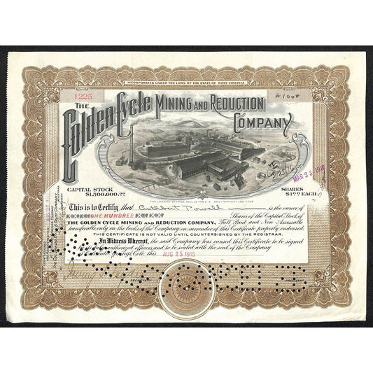 Golden Cycle Mining 1915 Stock Certificate w/ A.E. Carlton Sig. #1225