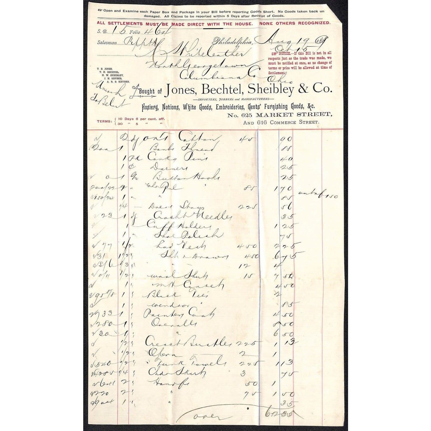 Jones, Bechtel, Sheibley & Co Phila 1889 Billhead Whiteleather* N. Georgetown OH