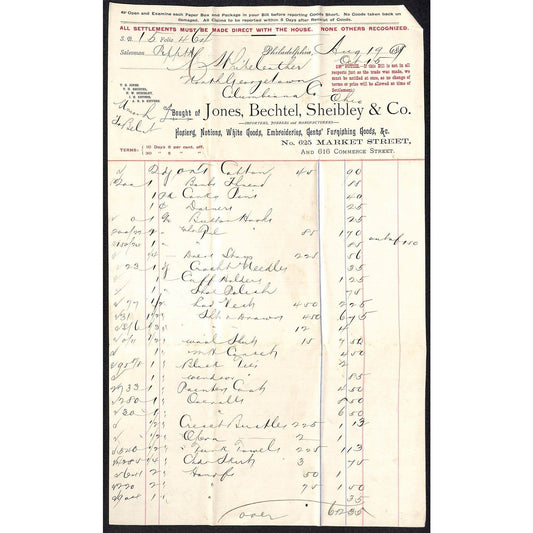 Jones, Bechtel, Sheibley & Co Phila 1889 Billhead Whiteleather* N. Georgetown OH