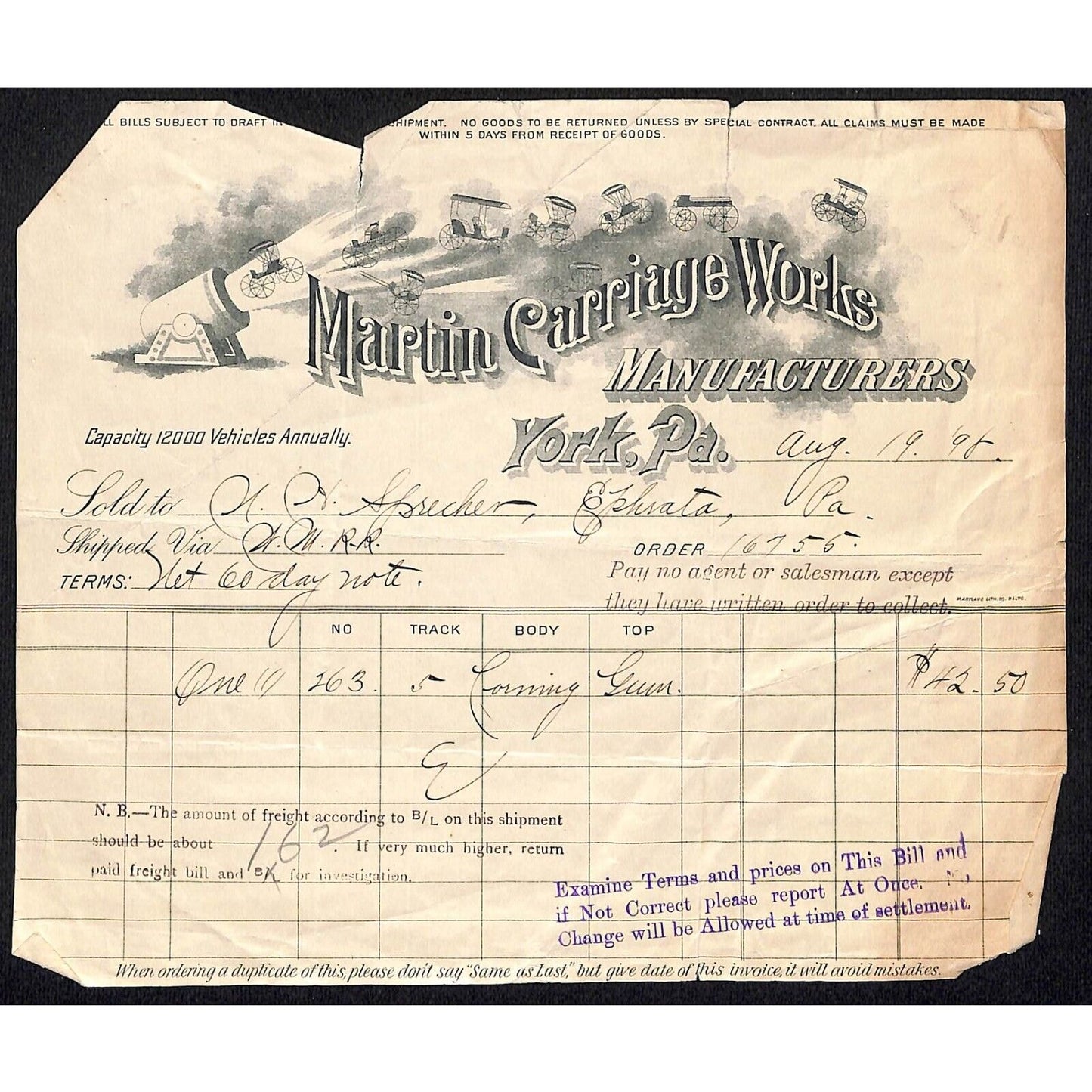 Martin Carriage Works York, PA 1898 Billhead