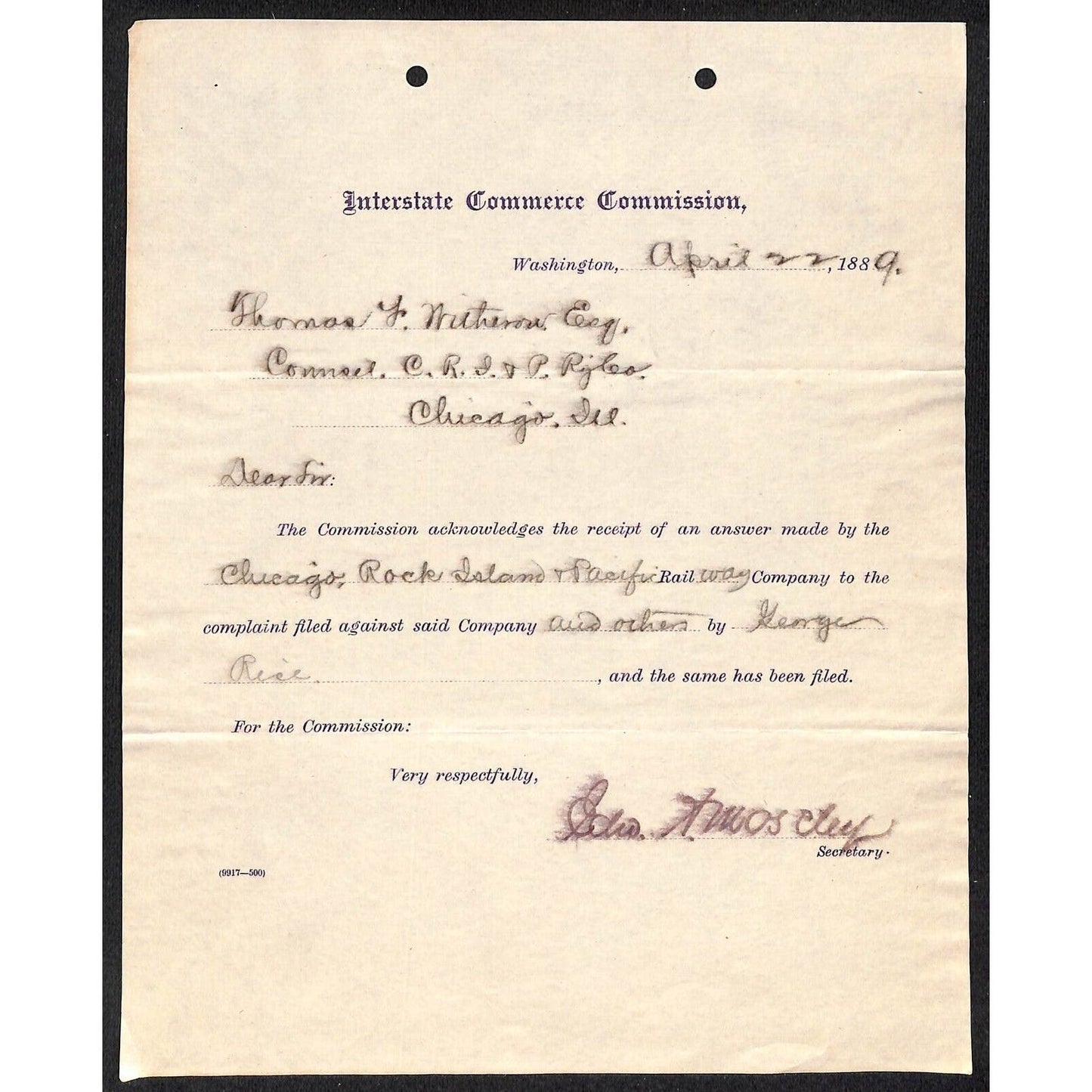 Interstate Commerce Commission 1889 Complaint Letterhead to CRI&R RY