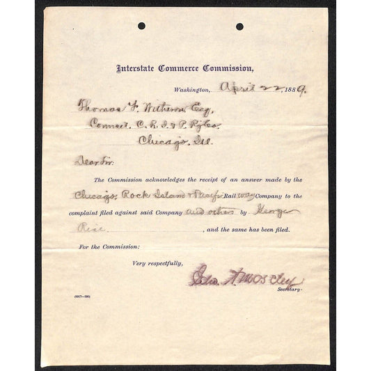 Interstate Commerce Commission 1889 Complaint Letterhead to CRI&R RY
