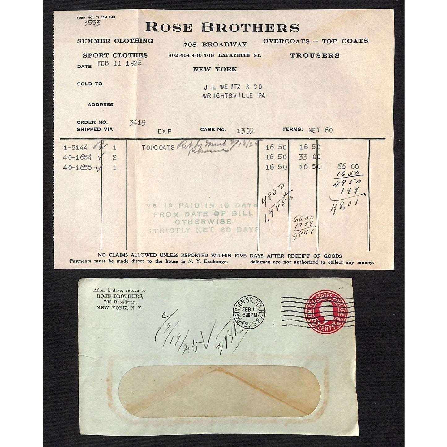 Rose Brothers (Clothes) Broadway NYC 1925 Billhead + Cover (#3)