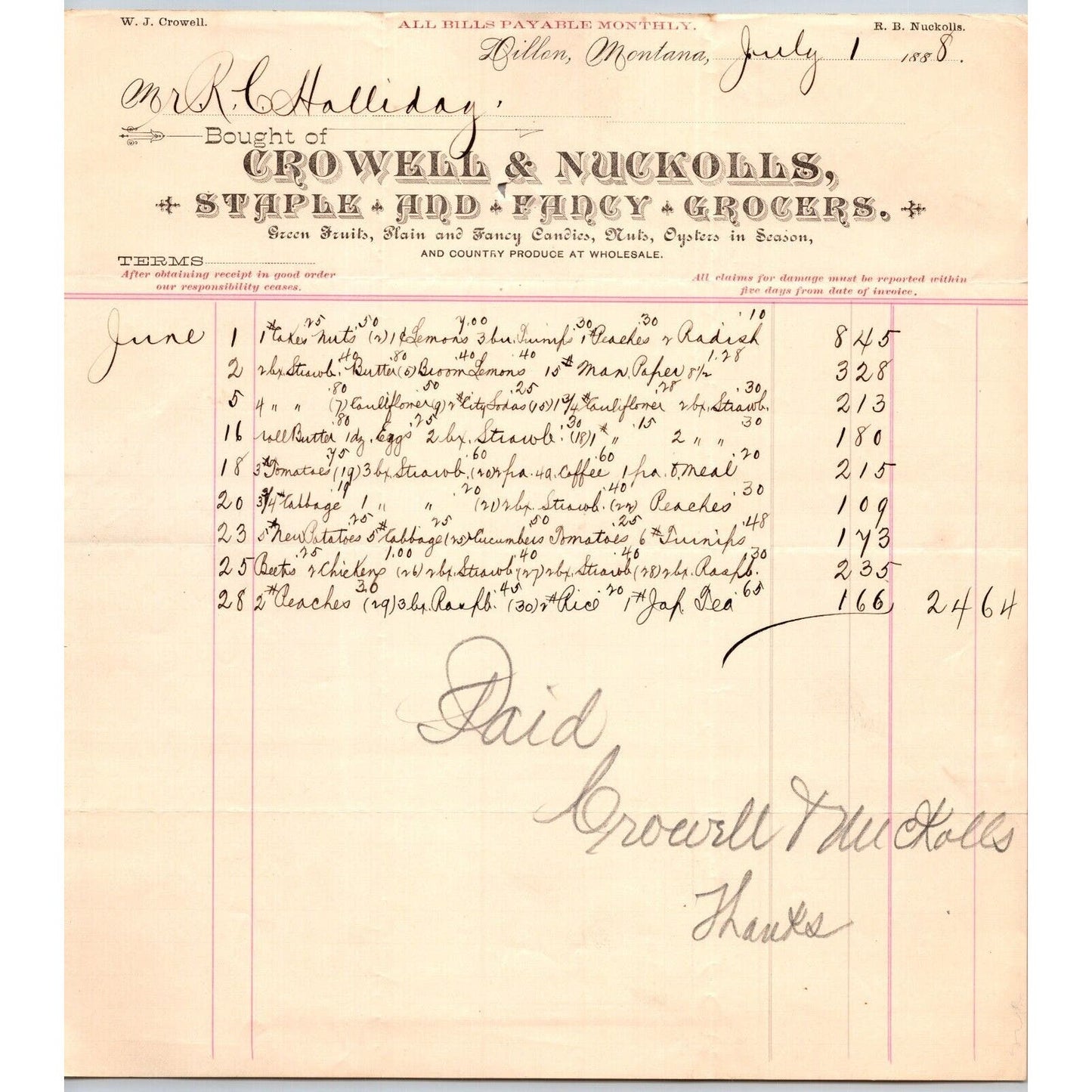 Dillon MT Crowell & Nuckolls July 1888 Billhead Fancy Groceries R.C. Halliday*