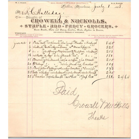 Dillon MT Crowell & Nuckolls July 1888 Billhead Fancy Groceries R.C. Halliday*