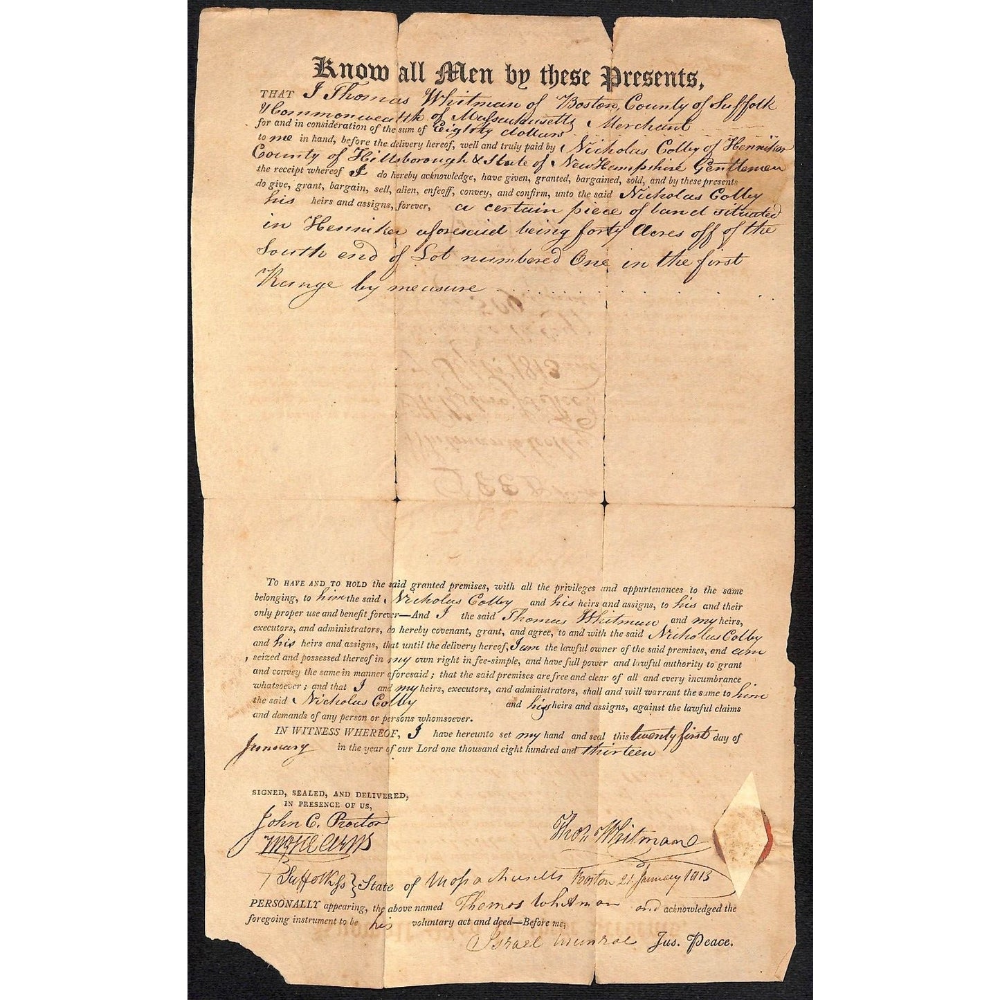 1813 Boston, MA Forty Acre Deed Document - Thomas Whitman to Nicholus Colby