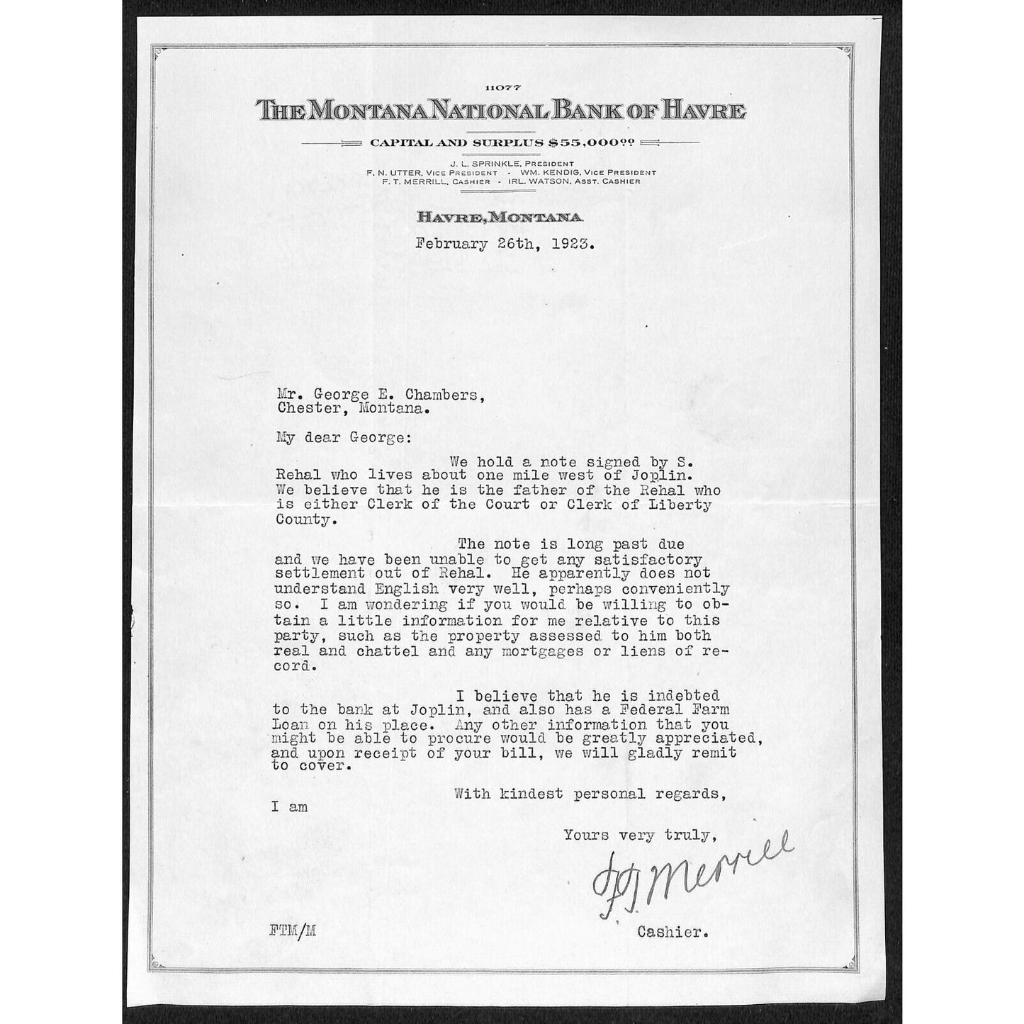 1923 Montana National Bank of Havre Montana TLS Letterhead re: Past Due Note