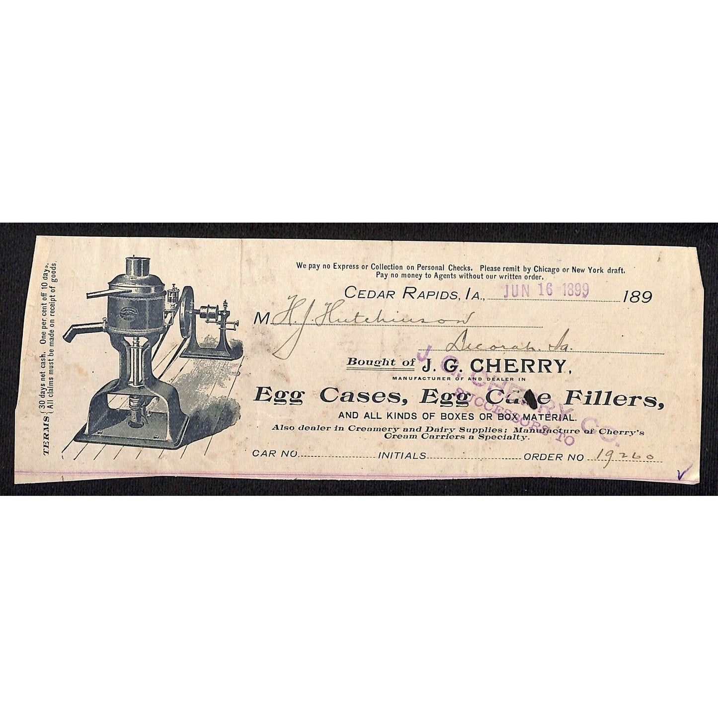 J.G. Cherry Egg Cases Cedar Rapids Hutchinson Decorah IA* Cut 1900 Billhead