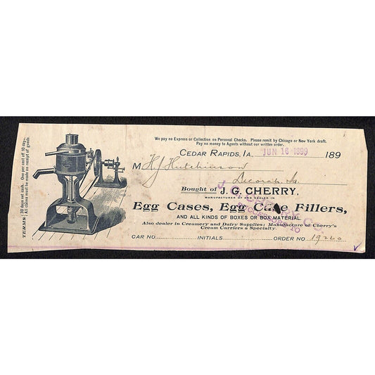 J.G. Cherry Egg Cases Cedar Rapids Hutchinson Decorah IA* Cut 1900 Billhead